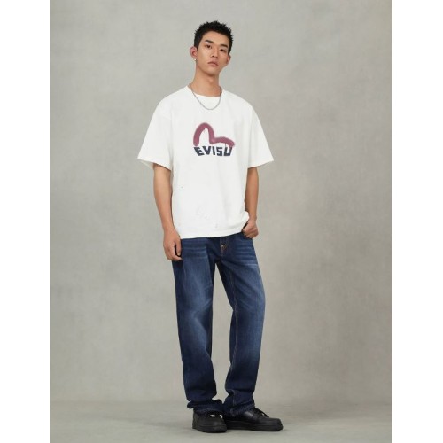 Ecru Brushstoke Seagull Print Regular Fit Jeans Evisu